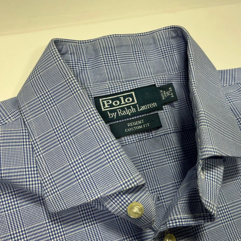 Polo by Ralph Lauren Regent Custom Fit Plaid Dress Shirt Blue Mens Size‎ 16-34